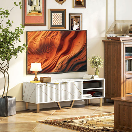 Marble Effect TV Unit with Fluted Doors and Storage for up to 70" TVs - White