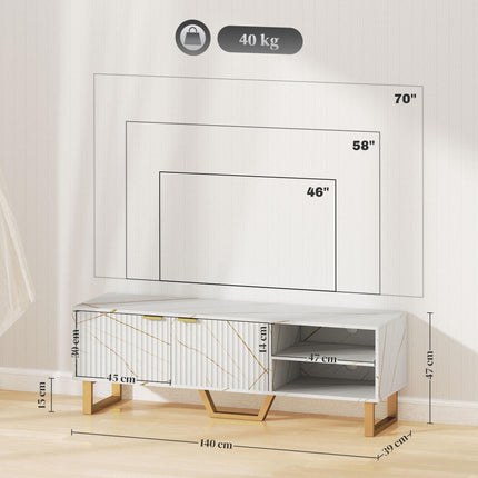 Marble Effect TV Unit with Fluted Doors and Storage for up to 70" TVs - White