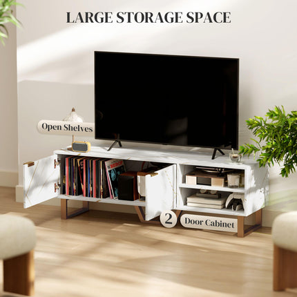 Marble Effect TV Unit with Fluted Doors and Storage for up to 70" TVs - White