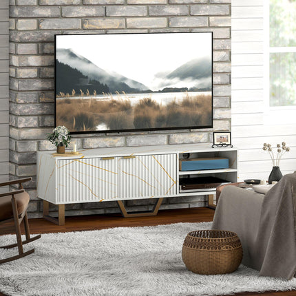Marble Effect TV Unit with Fluted Doors and Storage for up to 70" TVs - White