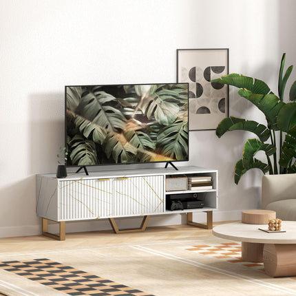 Marble Effect TV Unit with Fluted Doors and Storage for up to 70" TVs - White