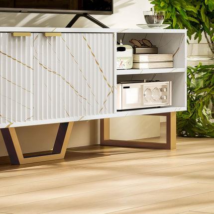 Marble Effect TV Unit with Fluted Doors and Storage for up to 70" TVs - White