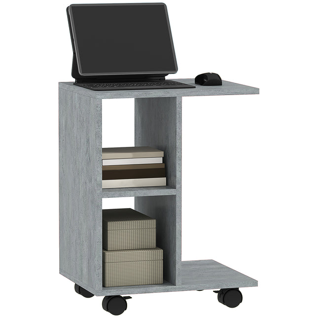 C-Shape End Table Unique Storage Unit w/ 2 Shelves 4 Wheels Freestanding Home Of