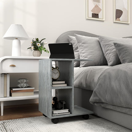 C-Shape End Table Unique Storage Unit w/ 2 Shelves 4 Wheels Freestanding Home Of