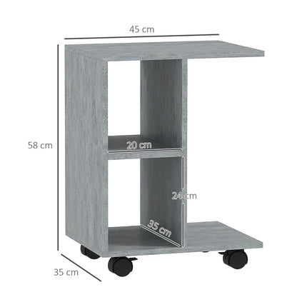 C-Shape End Table Unique Storage Unit w/ 2 Shelves 4 Wheels Freestanding Home Of