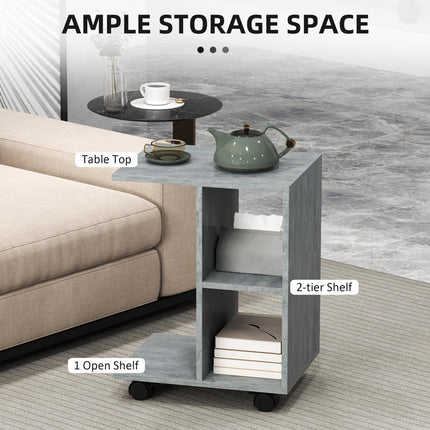 C-Shape End Table Unique Storage Unit w/ 2 Shelves 4 Wheels Freestanding Home Of