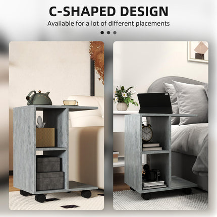 C-Shape End Table Unique Storage Unit w/ 2 Shelves 4 Wheels Freestanding Home Of