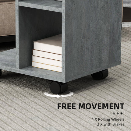 C-Shape End Table Unique Storage Unit w/ 2 Shelves 4 Wheels Freestanding Home Of