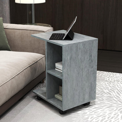 C-Shape End Table Unique Storage Unit w/ 2 Shelves 4 Wheels Freestanding Home Of