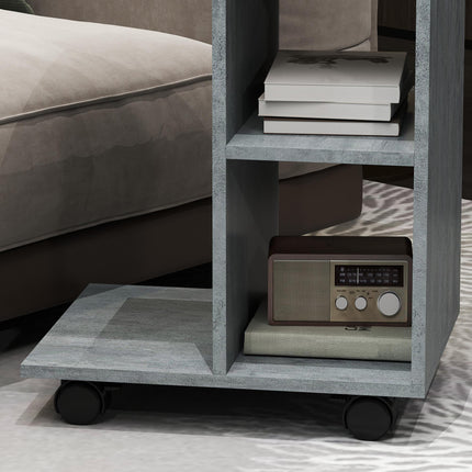 C-Shape End Table Unique Storage Unit w/ 2 Shelves 4 Wheels Freestanding Home Of