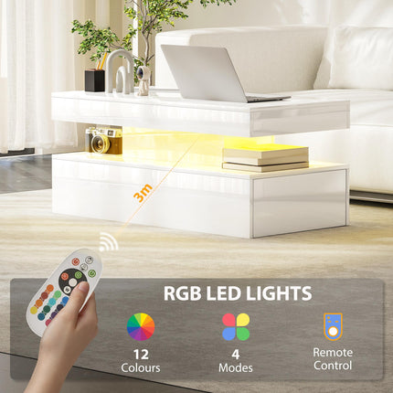 LED Coffee Table with Storage - High Gloss White