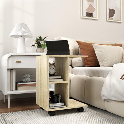 C-Shape End Table Unique Storage Unit w/ 2 Shelves 4 Wheels Freestanding Home Of