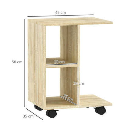C-Shape End Table Unique Storage Unit w/ 2 Shelves 4 Wheels Freestanding Home Of