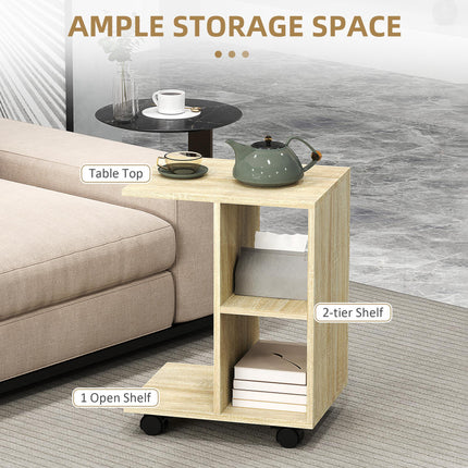 C-Shape End Table Unique Storage Unit w/ 2 Shelves 4 Wheels Freestanding Home Of