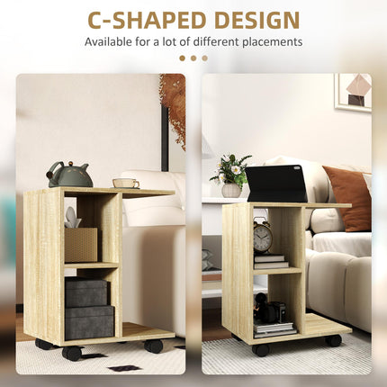 C-Shape End Table Unique Storage Unit w/ 2 Shelves 4 Wheels Freestanding Home Of