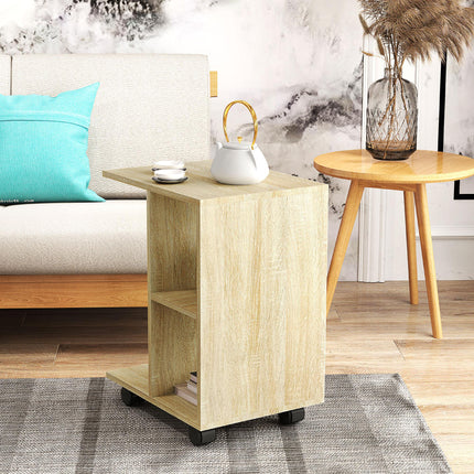 C-Shape End Table Unique Storage Unit w/ 2 Shelves 4 Wheels Freestanding Home Of