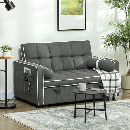 Two-Seater Linen-Look Sofa Bed with Recliner and Storage Pockets - Charcoal Grey