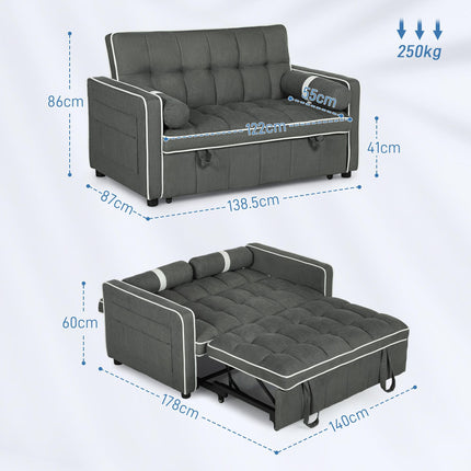 Two-Seater Linen-Look Sofa Bed with Recliner and Storage Pockets - Charcoal Grey