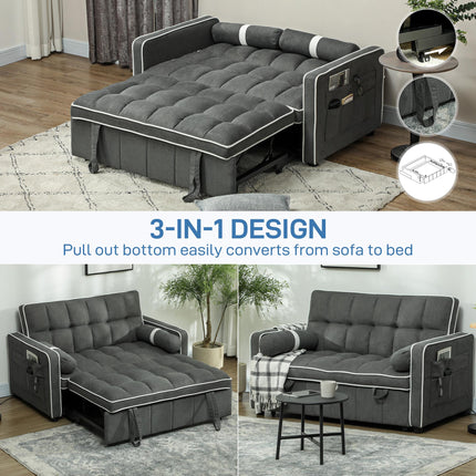Two-Seater Linen-Look Sofa Bed with Recliner and Storage Pockets - Charcoal Grey