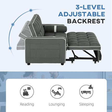 Two-Seater Linen-Look Sofa Bed with Recliner and Storage Pockets - Charcoal Grey