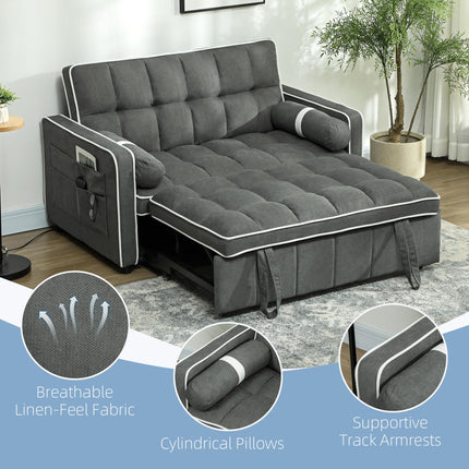 Two-Seater Linen-Look Sofa Bed with Recliner and Storage Pockets - Charcoal Grey