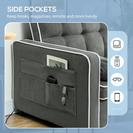 Two-Seater Linen-Look Sofa Bed with Recliner and Storage Pockets - Charcoal Grey