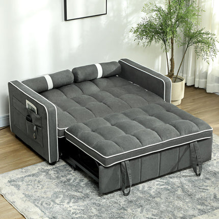 Two-Seater Linen-Look Sofa Bed with Recliner and Storage Pockets - Charcoal Grey