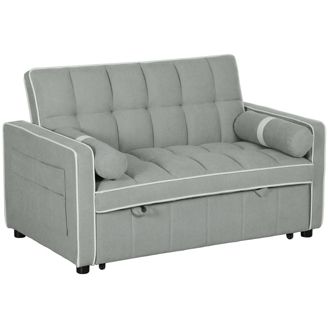 Two-Seater Linen-Look Sofa Bed with Recliner and Storage Pockets - Light Grey