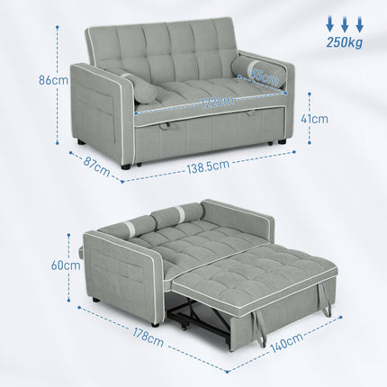Two-Seater Linen-Look Sofa Bed with Recliner and Storage Pockets - Light Grey
