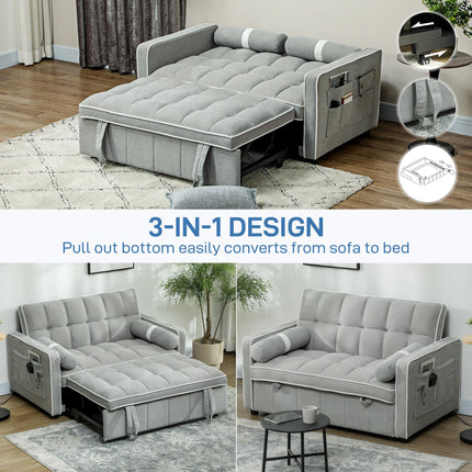 Two-Seater Linen-Look Sofa Bed with Recliner and Storage Pockets - Light Grey