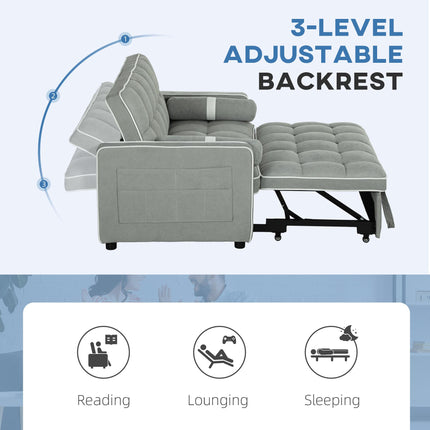 Two-Seater Linen-Look Sofa Bed with Recliner and Storage Pockets - Light Grey