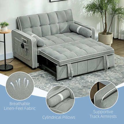 Two-Seater Linen-Look Sofa Bed with Recliner and Storage Pockets - Light Grey