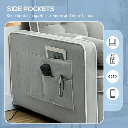 Two-Seater Linen-Look Sofa Bed with Recliner and Storage Pockets - Light Grey