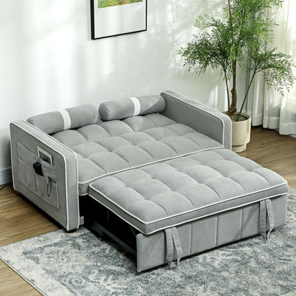 Two-Seater Linen-Look Sofa Bed with Recliner and Storage Pockets - Light Grey