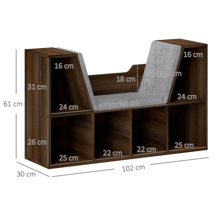 Bookcase Storage Shelf with Cushioned Reading Seat and Cube Organizer - Chestnut