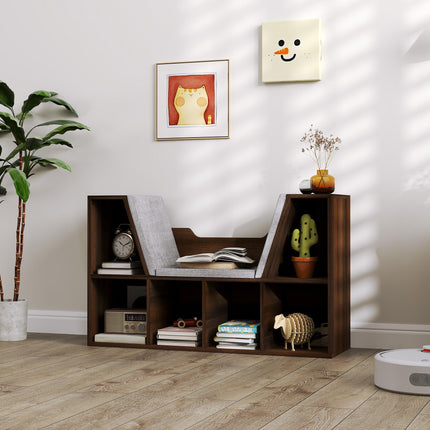 Bookcase Storage Shelf with Cushioned Reading Seat and Cube Organizer - Chestnut