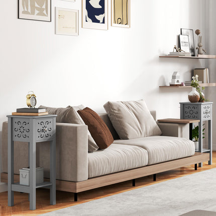 Set of 2 Elegant Floral Cut-Out Side Tables with Drawer and Shelf - Grey