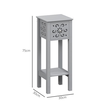Set of 2 Elegant Floral Cut-Out Side Tables with Drawer and Shelf - Grey