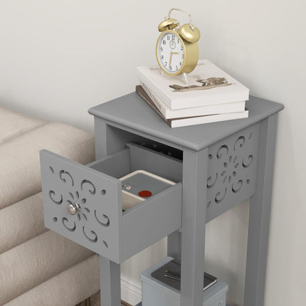 Set of 2 Elegant Floral Cut-Out Side Tables with Drawer and Shelf - Grey