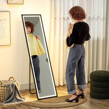 Full Length LED Mirror 150x40cm with Dimming & 3 Colour Lighting, Free Standing, Leaning or Wall Mount - Black