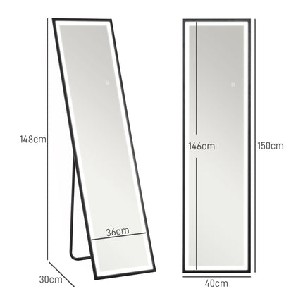 Full Length LED Mirror 150x40cm with Dimming & 3 Colour Lighting, Free Standing, Leaning or Wall Mount - Black