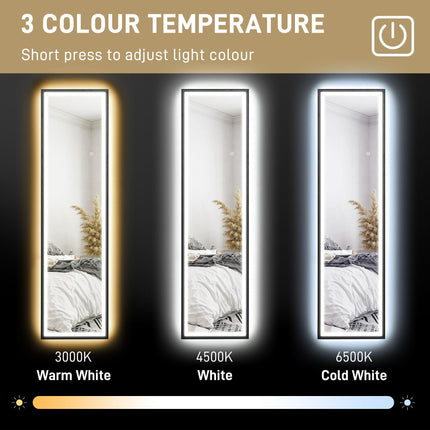 Full Length LED Mirror 150x40cm with Dimming & 3 Colour Lighting, Free Standing, Leaning or Wall Mount - Black
