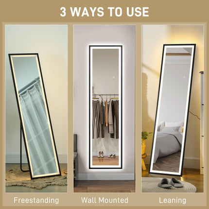 Full Length LED Mirror 150x40cm with Dimming & 3 Colour Lighting, Free Standing, Leaning or Wall Mount - Black