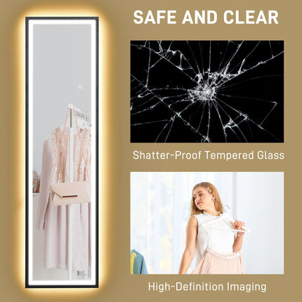 Full Length LED Mirror 150x40cm with Dimming & 3 Colour Lighting, Free Standing, Leaning or Wall Mount - Black