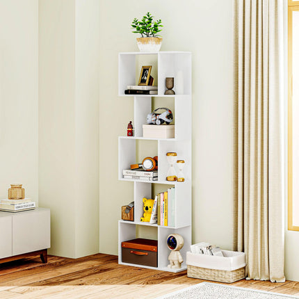 Bookcase, S-Shaped Wooden Bookshelf, 5 Tiers Freestanding Storage Shelf, Home Office Display Stand Rack, White