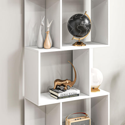 Bookcase, S-Shaped Wooden Bookshelf, 5 Tiers Freestanding Storage Shelf, Home Office Display Stand Rack, White