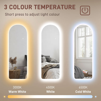 Arched Full Length LED Mirror 120x40cm with Dimming & 3 Colour Lighting - Clear