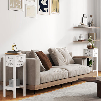 Set of 2 Floral Cut-Out Side Tables with Drawer and Shelf - White