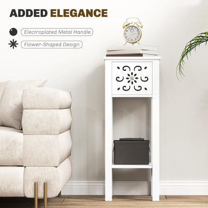 Set of 2 Floral Cut-Out Side Tables with Drawer and Shelf - White