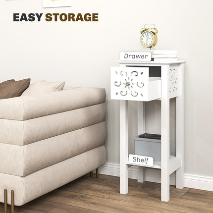 Set of 2 Floral Cut-Out Side Tables with Drawer and Shelf - White